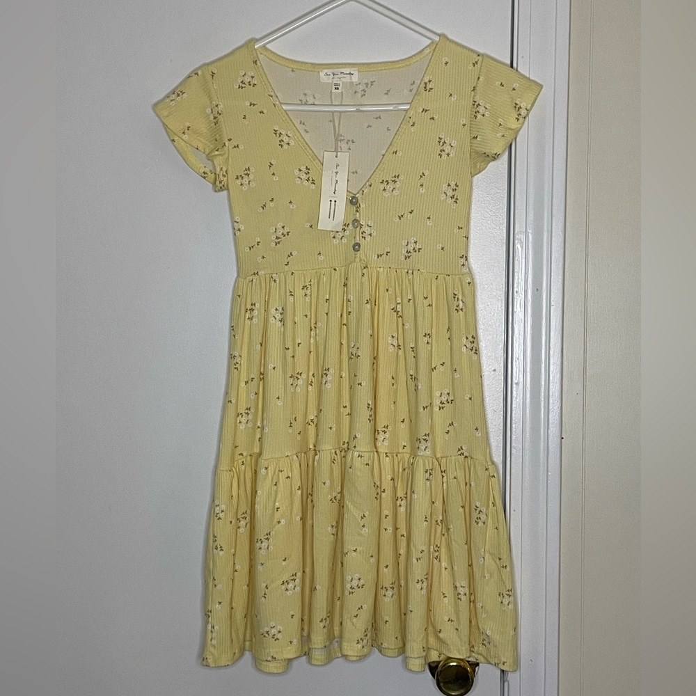 See You Monday Light Yellow Floral Baby Doll shaped Dress